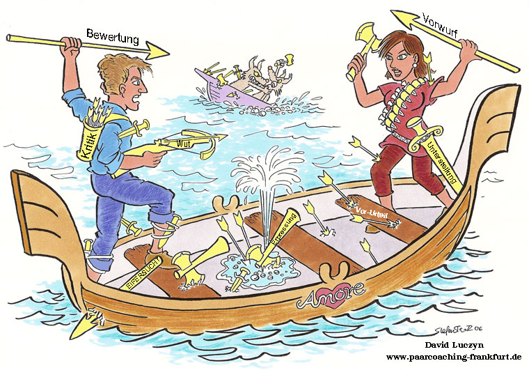 Illustration streitendes Paar auf sinkendem Boot Paarkonflikt